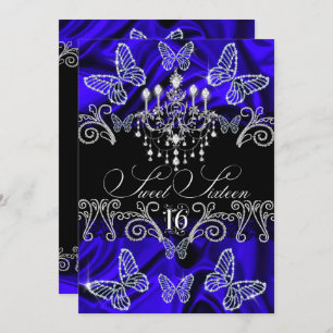Royal Blue Diamond Butterfly Sweet Sixteen Invite