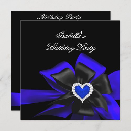 Royal Blue Diamond Heart Black Bow Birthday Party Invitation
