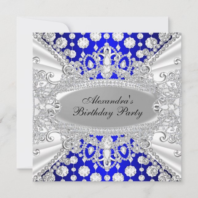 Royal Blue Diamond Jewel Birthday Party Invite (Front)