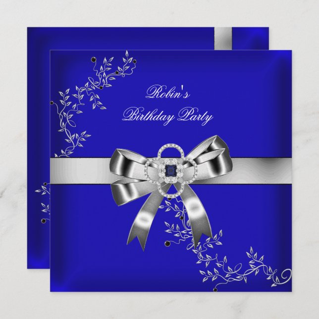 Royal Blue Diamond Jewel Silver Bow Invitation (Front/Back)