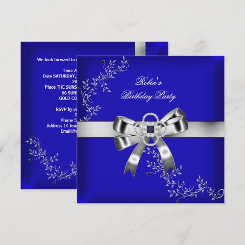 Royal Blue Diamond Jewel Silver Bow Custom Invite