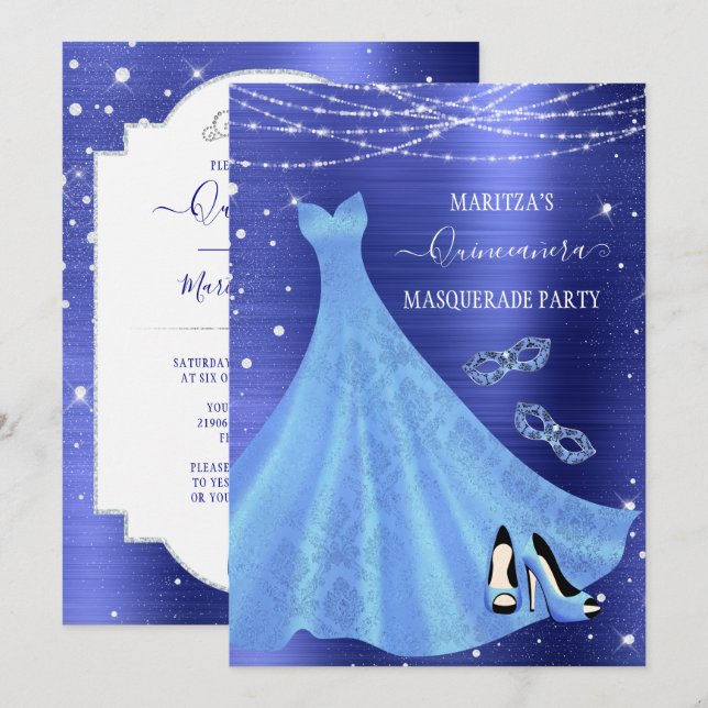 Royal Blue Diamond Masquerade Quinceañera Invitation (Front/Back)
