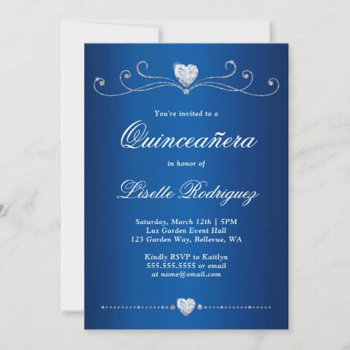 Royal Blue Diamond Swirl Elegant Quinceanera Invitation
