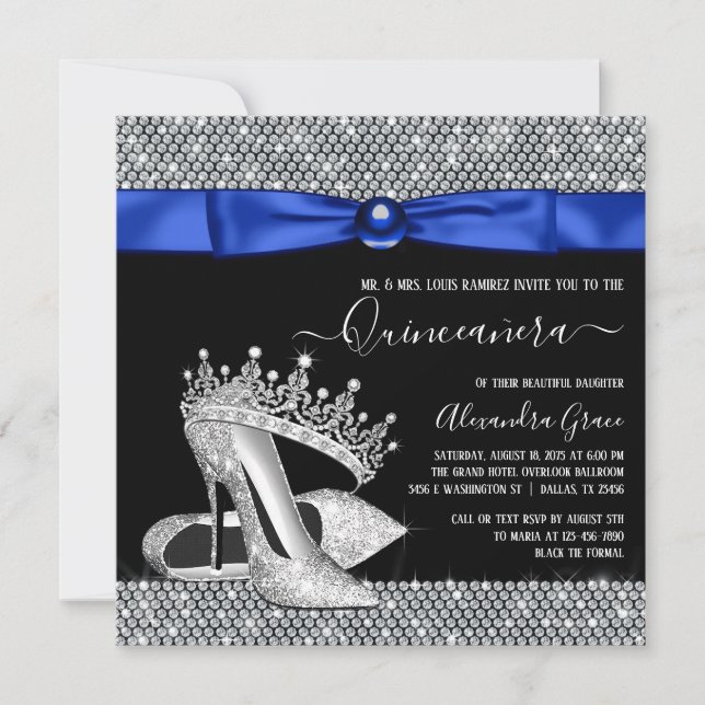 Royal Blue Diamond Tiara Shoe Quinceanera Invitation (Front)