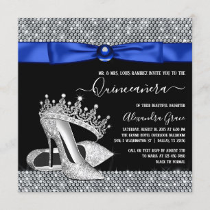 Royal Blue Diamond Tiara Shoe Quinceanera Invitation