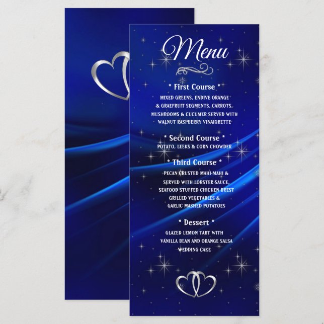 Royal Blue Diamonds and Hearts Wedding Menu (Front/Back)