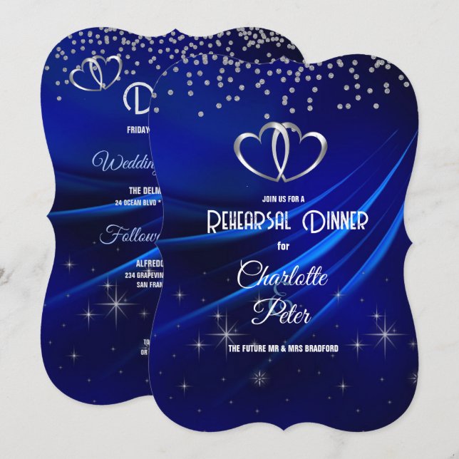 Royal Blue Diamonds & Hearts Rehearsal Dinner  Invitation (Front/Back)