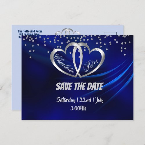 Royal Blue Diamonds  Hearts Save The Date Card