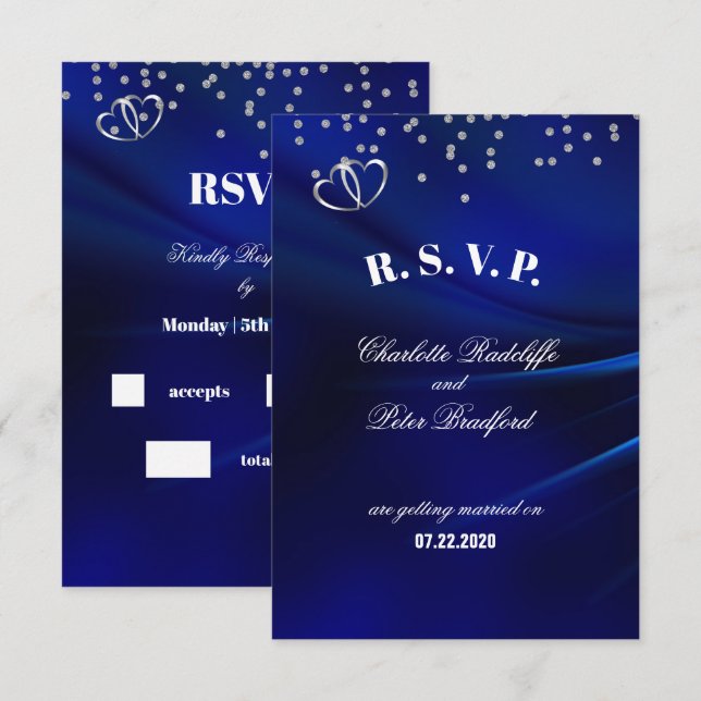 Royal Blue Diamonds & Hearts Wedding RSVP Card (Front/Back)