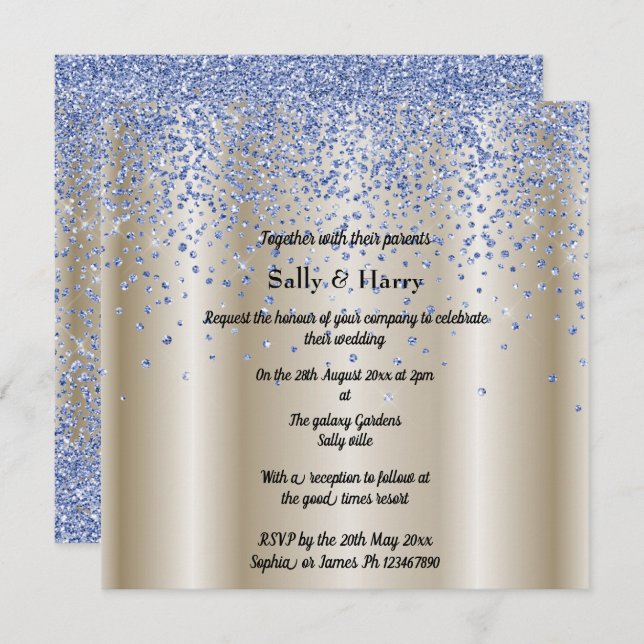 Royal Blue Diamonds wedding blue crystal gold Invitation (Front/Back)
