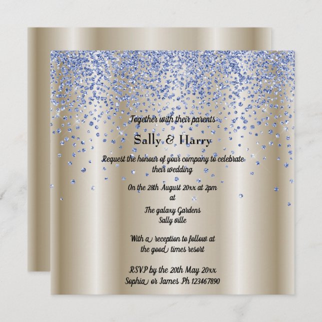 Royal Blue Diamonds wedding blue crystal gold Invitation (Front/Back)