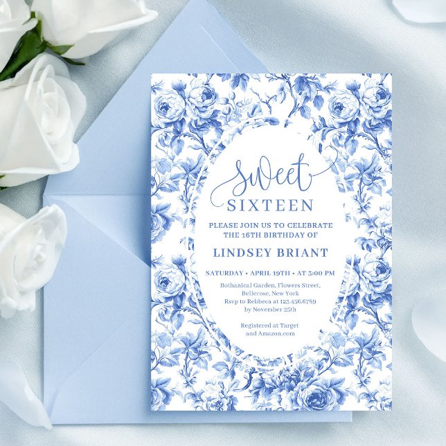 Royal Blue Digital Floral 16th Birthday Invite (Royal Blue Digital Floral 16th Birthday Invite)