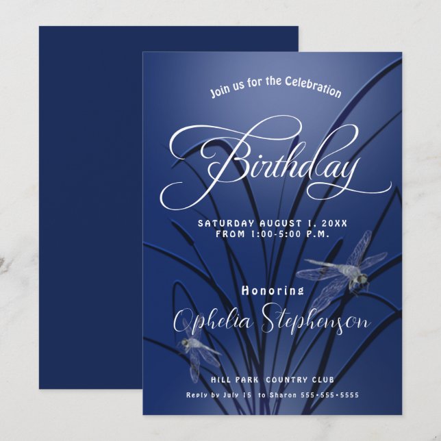 Royal Blue Dragonfly Birthday Invitation (Front/Back)