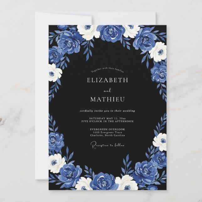 Royal Blue Dramatic Evening Wedding Invitation (Front)