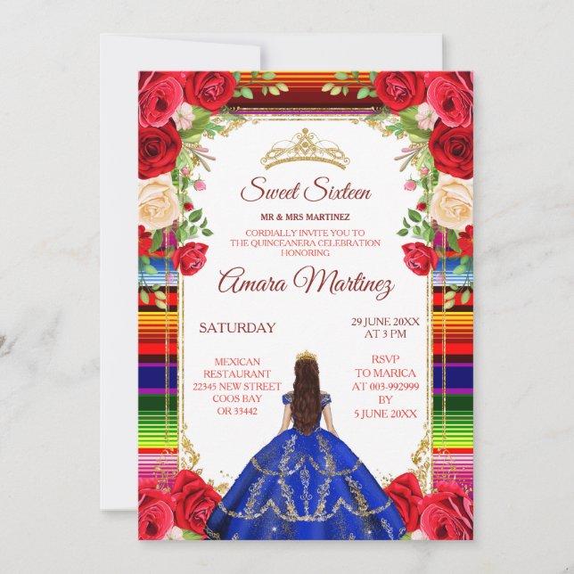 Royal Blue Dress & Colorful Sweet 16th Birthday Invitation (Front)