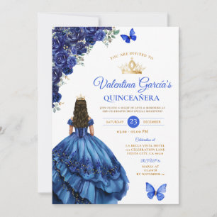 Royal Blue Dress Quinceañera 15 Anos Flowers Gold Invitation