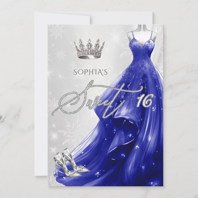 Royal Blue Dress Snowflakes Winter Sweet 16 Invitation (Front)
