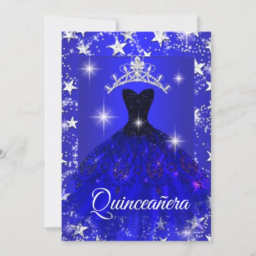 Royal Blue Dress Sparkle Tiara Stars Quinceanera Invitation