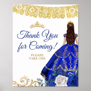 Royal Blue Dresses Floral Quinceañera Thank You Poster