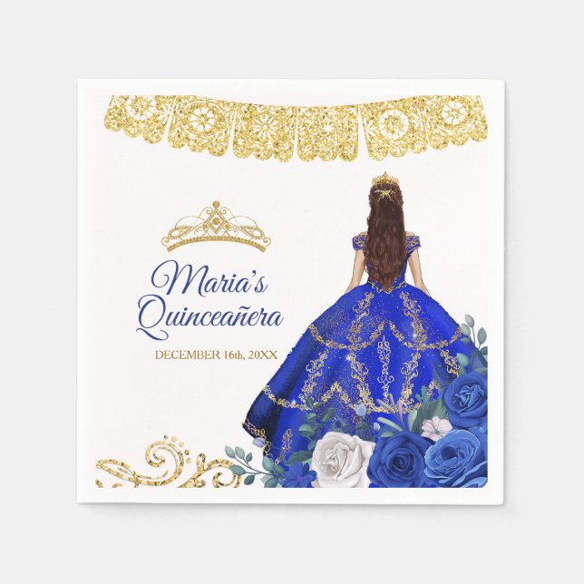 Royal Blue Dresses Quinceañera Crown Birthday Napk Napkins (Front)