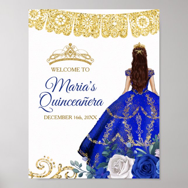 Royal Blue Dresses Quinceañera Crown Birthday Poster (Front)