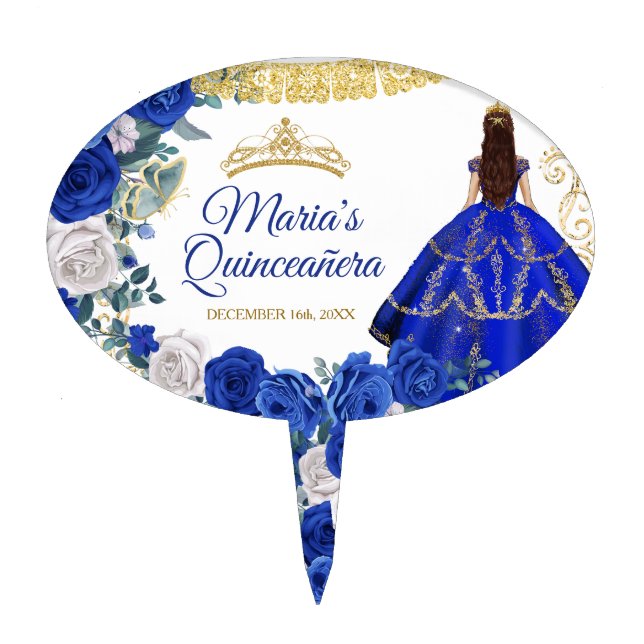 Royal Blue Dresses Quinceañera Gold Cake Topper (Front)