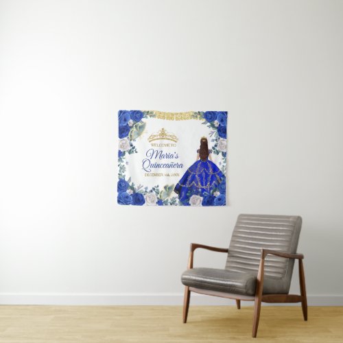 Royal Blue Dresses Quinceaera Gold Welcome Sign Tapestry