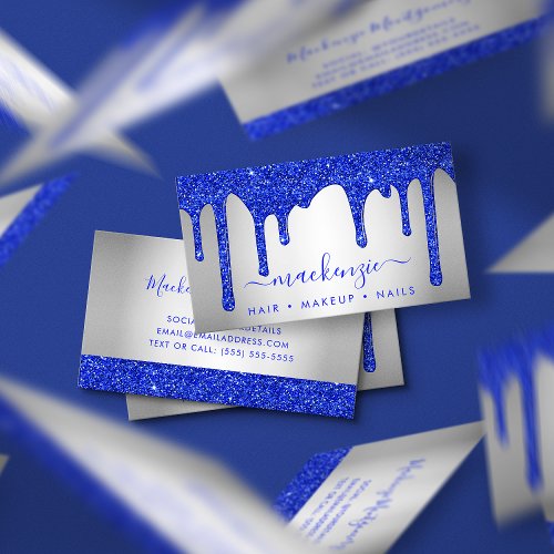 Royal Blue Dripping Glitter Silver Metallic  Business Card