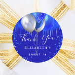 Royal blue drips name Sweet 16 thank you Classic Round Sticker<br><div class="desc">A trendy royal blue background. Decorated with drips,  paint dripping look,  sparkles and balloons.  Personalize and add a name.</div>