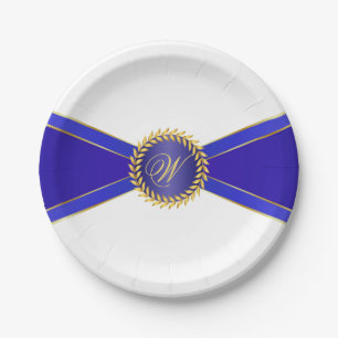 Royal Blue Elegance Monogram Paper Plates