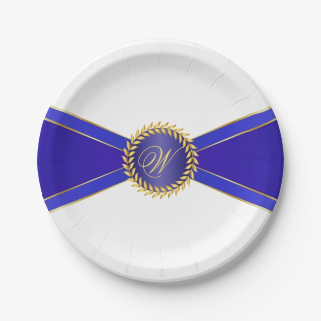 Royal Blue Elegance Monogram Paper Plates (Front)