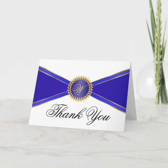 Royal Blue Elegance Monogram Thank You Card (Front)