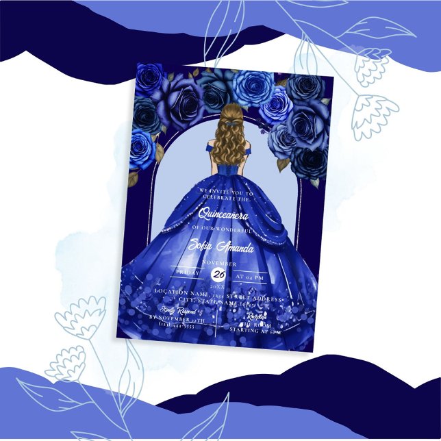 Royal Blue Elegant Floral Accents Princess Party Invitation (Creator Uploaded)
