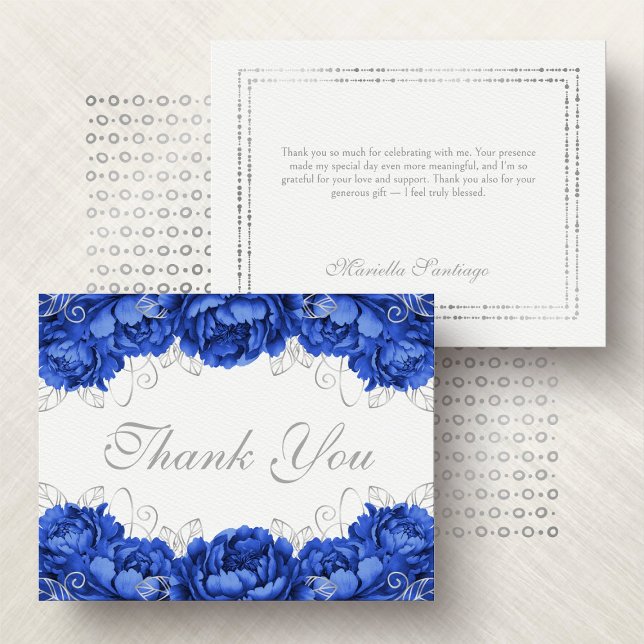 Royal Blue Elegant Floral Quinceanera Thank You Card (Creator Uploaded)