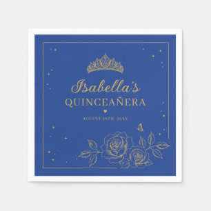 Royal Blue Elegant Gold Floral Quinceañera Napkins