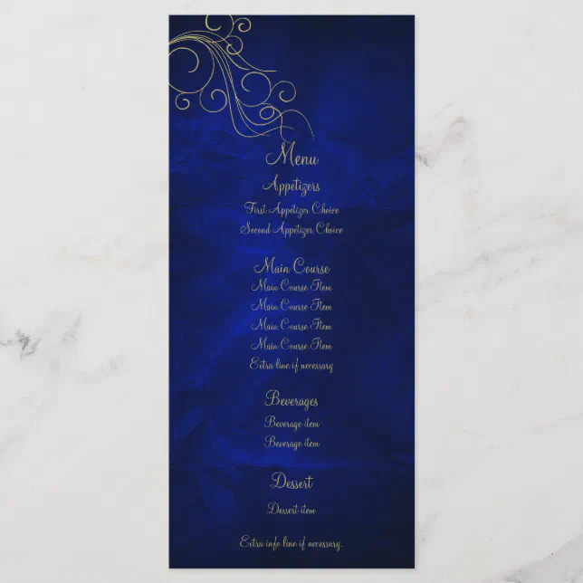 Royal Blue Elegant Gold Wedding Menu Rack Card | Zazzle