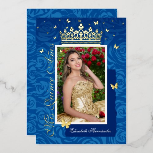 Royal Blue Elegant Photo Quinceaera Gold Foil Invitation