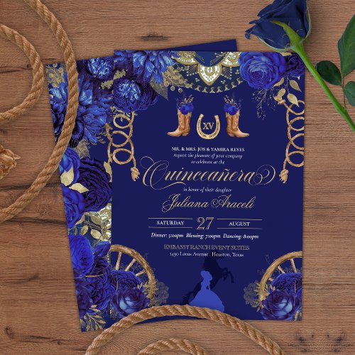 Royal Blue Elegant Roses  Gold Charro Quinceanera Invitation
