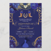 Royal Blue Elegant Roses + Gold Charro Quinceanera Invitation (Front)