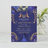 Royal Blue Elegant Roses + Gold Charro Quinceanera Invitation (Standing Front)