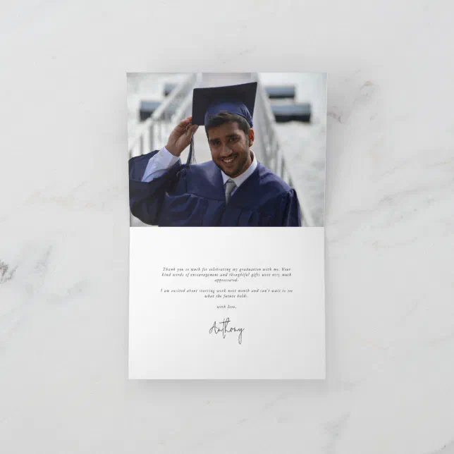 Royal Blue Elegant Script Graduation Photo+Message Thank You Card | Zazzle