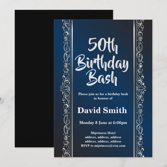 royal blue, elegant, sliver, birthday bash invitation (Front/Back)