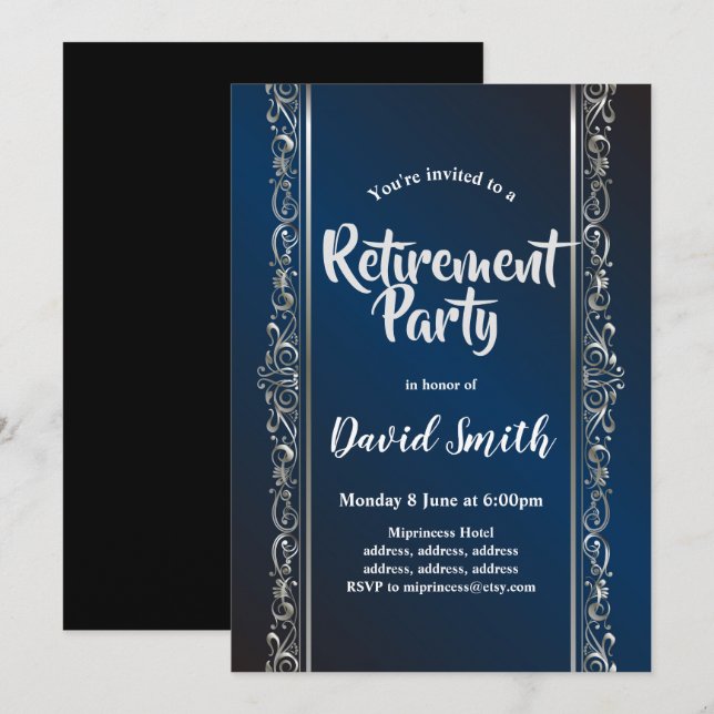 royal blue, elegant, sliver, retirement party invitation (Front/Back)