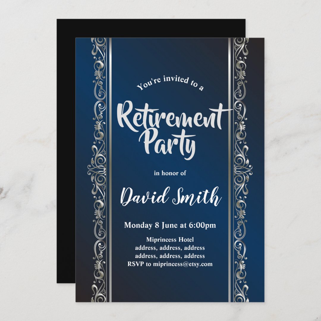 royal blue, elegant, sliver, retirement party invitation | Zazzle