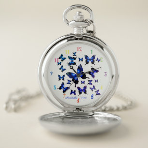 Royal Blue Elegant Whimsical Butterflies Pocket Watch