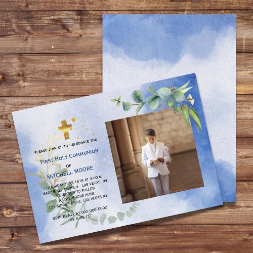 Royal Blue Eucalyptus First Holy Communion Photo Invitation