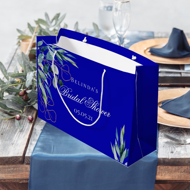 Royal blue eucalyptus greenery bridal shower large gift bag (Creator Uploaded)
