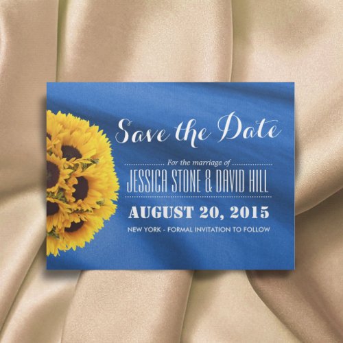 Royal Blue Fabric Sunflowers Save the Date Announcement Postcard