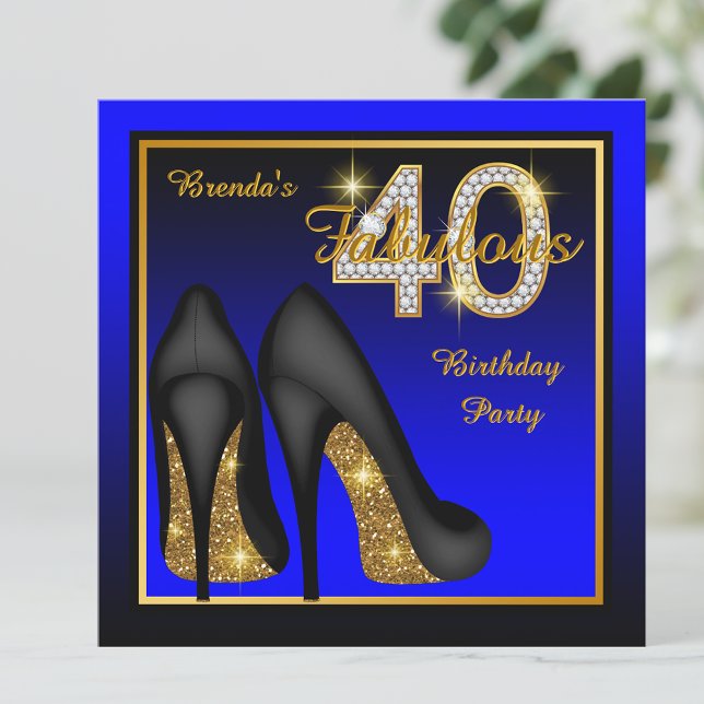 Royal Blue Fabulous 40th Birthday Party Invitation (Royal blue gold diamond number 40th birthday party invitation.)