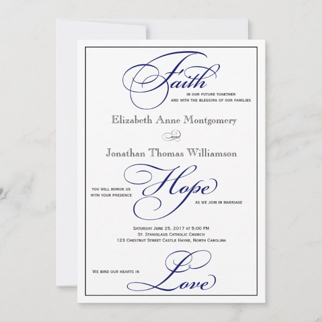Royal Blue Faith Hope Love Wedding Invitation (Front)
